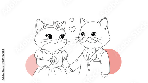 Detailed coloring book illustration of a cat bride and cat groom holding hands in formal wedding clothing with hearts above.
