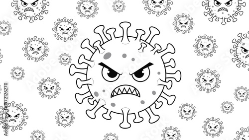 Group of angry cartoon viruses with aggressive expressions are shown in a black and white hand drawn illustration for medical health concepts.