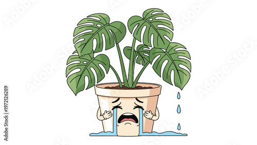 Sad cartoon monstera plant in a ceramic pot is crying and sweating water droplets in this humorous botanical illustration for home gardeners.
