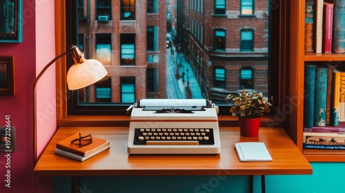 Vintage typewriter on wooden desk with potted plants near window, home office setup with bookshelf and rainy city view.