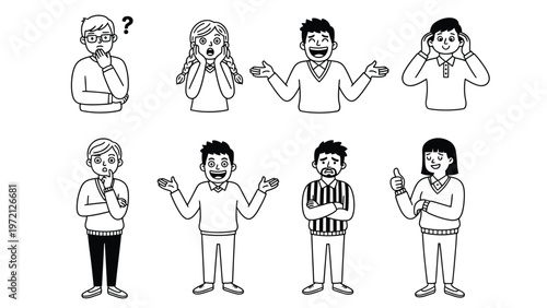 Black and white line art set of diverse people showing various human emotions and expressions: confusion, surprise, sadness, approval, thinking.
