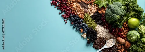 Fototapeta A vibrant assortment of healthy foods including various beans, nuts, seeds, and fresh green vegetables arranged diagonally on a turquoise background.