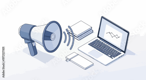 Isometric Digital Marketing Illustration with Megaphone and Laptop Data Analysis Concept
