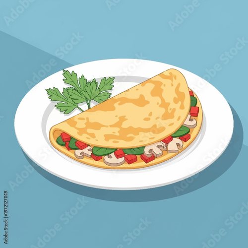 Delicious omelette on a plate with herbs.