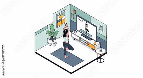 Isometric 3D Illustration of a Woman Doing Yoga at Home While Watching Online Fitness Class on Television for Wellness and Healthy Lifestyle