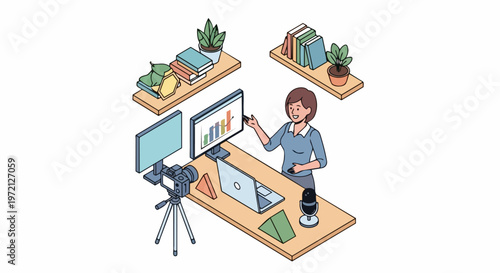 Female Professional Presenting Online Webinar with Camera and Microphone in Isometric Style