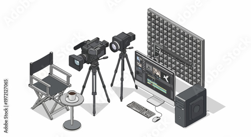 Isometric Professional Video Production Studio with Cinema Cameras and Video Editing Workspace