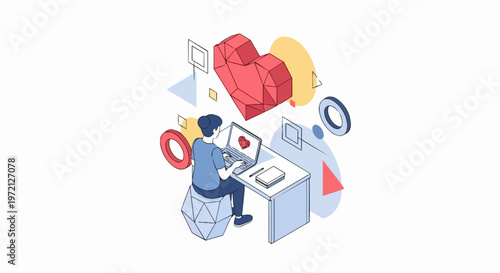 Isometric Illustration of Woman Working on Laptop with Geometric Heart, Online Dating and Digital Love Concept