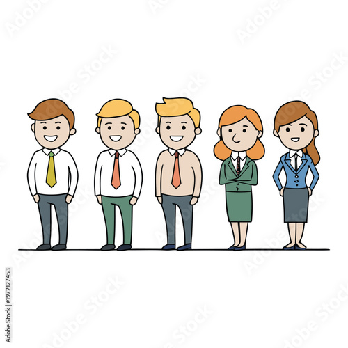 Business professionals stand in a neat line, dressed in formal suits, waiting calmly with briefcases, representing order, teamwork, and corporate discipline in a modern citydetail

