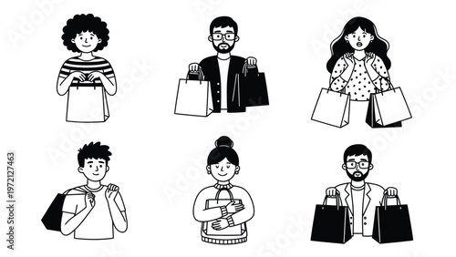 Diverse People Shopping with Bags - Hand-Drawn Black and White Illustration Set