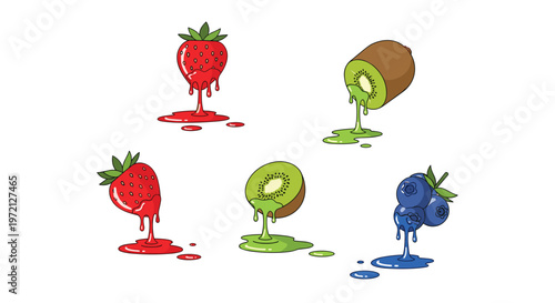 A vibrant collection of stylized strawberries, kiwis, and blueberries features thick colorful juice dripping from their sliced surfaces onto a clean white plane.