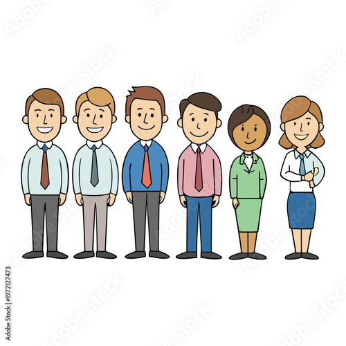 Business professionals stand in a neat line, dressed in formal suits, waiting calmly with briefcases, representing order, teamwork, and corporate discipline in a modern citydetail
