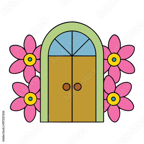 A rustic wooden door framed by blooming flowers, petals spilling over stone walls, inviting warmth and nature’s charm into a peaceful, sunlit garden entrancein spring morning light
