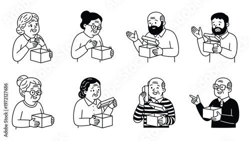 Set of senior characters opening boxes and holding mugs, expressing various emotions, hand-drawn vector art.
