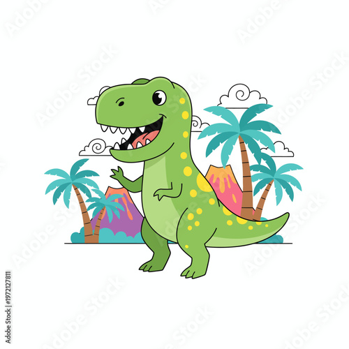 Friendly Green Tyrannosaurus Rex Cartoon Illustration with Tropical Palm Trees and Volcanoes in a Fun Prehistoric Landscape perfect for Kids' Designs and Educational Content
