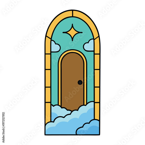 A radiant doorway gleams among soft clouds, glowing with golden light. Gentle winds whisper peace as the gate opens, inviting souls into eternal serenity and boundless hope.
