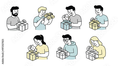 Diverse people opening and receiving gifts. Happy men and women celebrating special occasions with presents. Minimalist line art illustration.