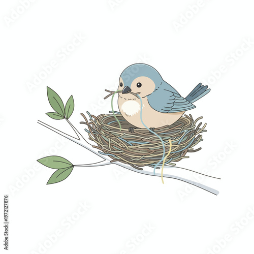 Charming illustration of a small bird building a cozy nest on a tree branch, symbolizing new beginnings, home, and nature's nurturing instinct
