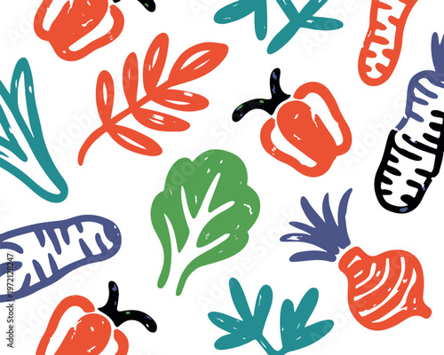 Hand drawn vegetable sketches pattern with colorful organic food elements on transparent background.