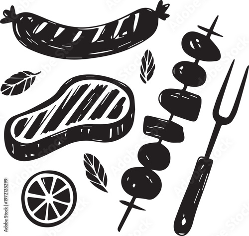Hand drawn set of barbecue and grill food. steak, sausage, skewer, fork, lemon slice, basil leaves.