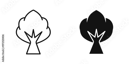 Contrasting outline and filled depictions of a deciduous tree with simple trunk and branches