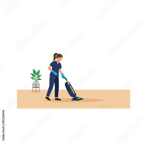 A woman is cleaning the floor with a vacuum cleaner in a room with a plant.