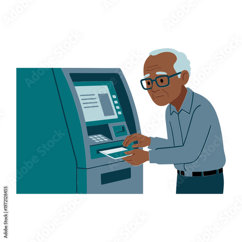 An elderly man withdraws money from an ATM machine indoors.