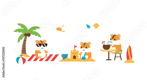 Three adorable brown hamsters enjoy a sunny beach day featuring one wearing sunglasses on a striped towel, another building a sandcastle, and one drinking.