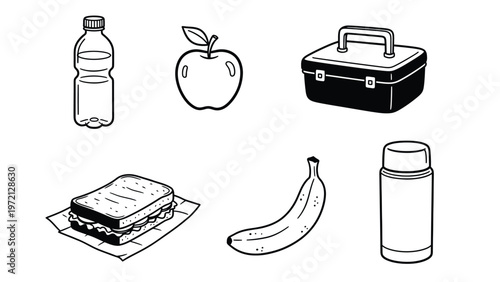 Packed Lunch Essentials Line Art Set: Water Bottle, Apple, Sandwich, Banana, Lunchbox, Thermos
