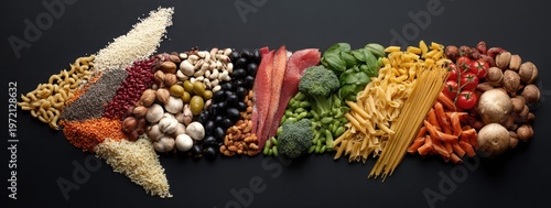 Arrow shape made of various food ingredients on a black background.