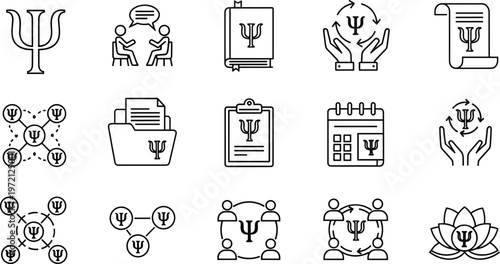Psychology line icons set, psi symbol therapy counseling mental health research behavior science outline vector illustration collection icons