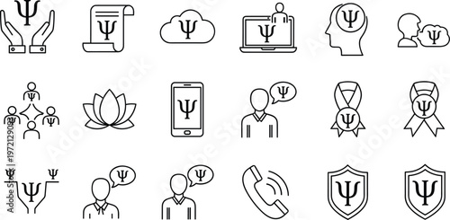 Psychology and mental health line icons set, therapy counseling symbols, psi sign, support, communication vector outline icon collection