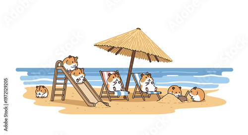 A group of playful hamsters enjoys a seaside vacation featuring a wooden slide, striped lounge chairs under a straw umbrella, and others digging sand.