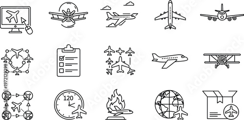 Airplane aviation line icons set, aircraft travel symbols collection, flight routes, airport logistics, cargo delivery, aviation vector outline icons