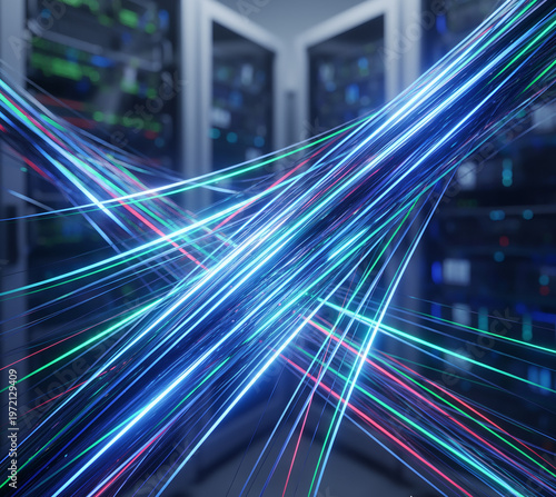Abstract digital data streams and vibrant light connections flowing rapidly within a modern server room, symbolizing high-speed information exchange and advanced technological infrastructure