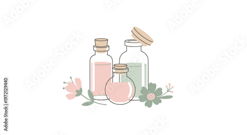 Three elegant glass apothecary bottles filled with soft pink and muted green liquids are arranged with delicate matching flowers and leaves at their base.