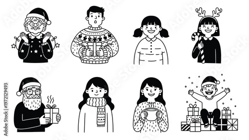 Black and White Christmas Celebration People Illustrations Set