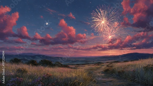 A serene landscape with a dirt path leading to a vibrant fireworks display in the night sky