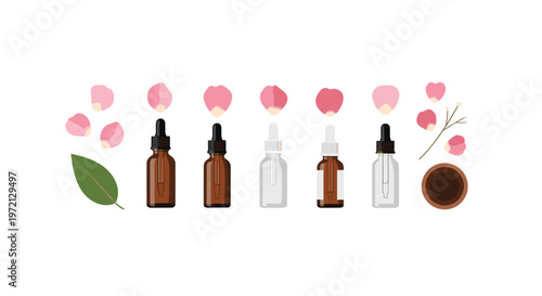 Five meticulous glass dropper bottles for essential oils stand in a row surrounded by delicate pink floral petals and a single vibrant green leaf on white.
