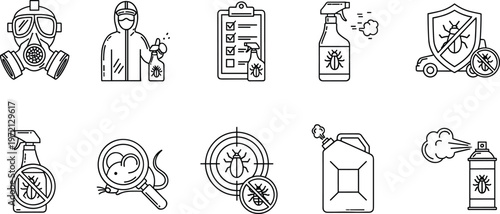 Pest control icons set, exterminator spray insect protection line icon vector illustration pest control service collection isolated