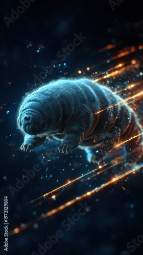 Hyper detailed tardigrade floating in a radioactive environment, glowing radiation particles surrounding it