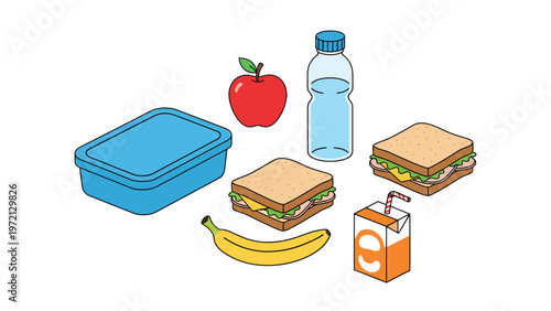 Isometric School Lunch Set with Sandwiches, Fruit, Water Bottle, and Juice Box Illustration