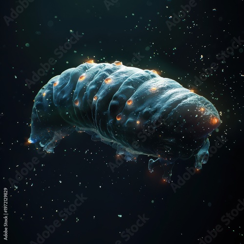 Hyper detailed tardigrade floating in dark space, microscopic organism, illuminated from the side, glowing edges, high contrast