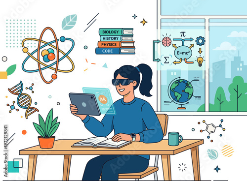 Future of education A student uses augmented reality for an immersive learning experience, blending science and technology to develop comprehensive knowledge and skills digitally