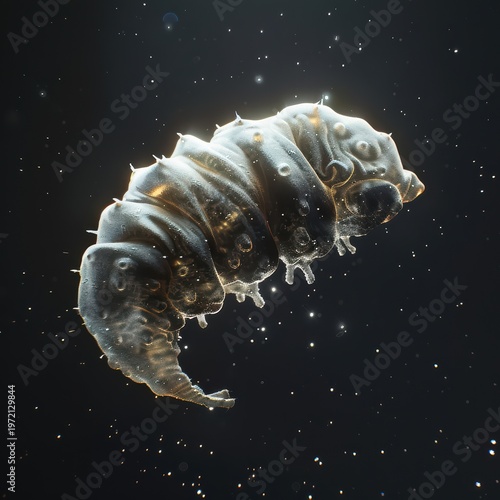 Hyper detailed tardigrade floating in dark space, microscopic organism, illuminated from the side, glowing edges, high contrast