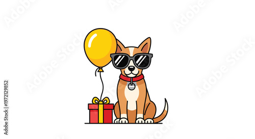 A charming tan and white dog wearing cool black sunglasses sits patiently beside a large floating yellow balloon and a bright red wrapped gift box on white.