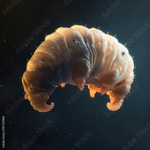 Hyper detailed tardigrade floating in dark space, microscopic organism, illuminated from the side, glowing edges, high contrast