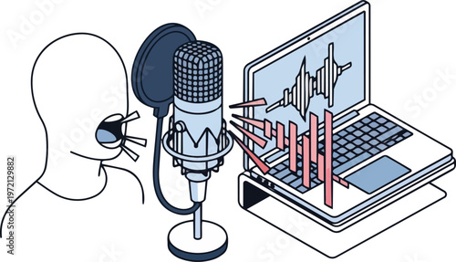 Modern Isometric Illustration of a Content Creator Recording a Podcast or Voiceover using a Professional Microphone and Laptop for Digital Media Production