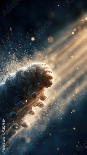 Macro cinematic shot of a tardigrade floating in the air among dust particles, sunlight beams passing through, atmospheric particles glowing