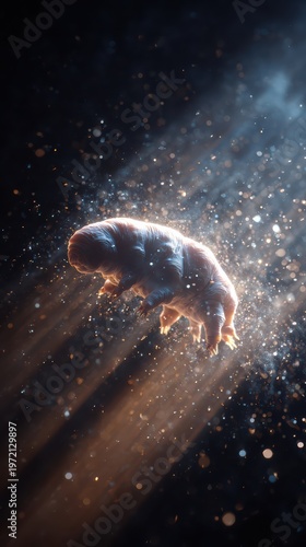 Macro cinematic shot of a tardigrade floating in the air among dust particles, sunlight beams passing through, atmospheric particles glowing